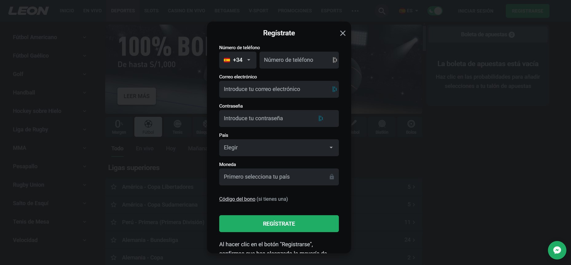 registrarse en el casino en línea Leon57