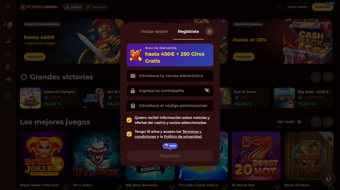 registrarse en Roman Casino