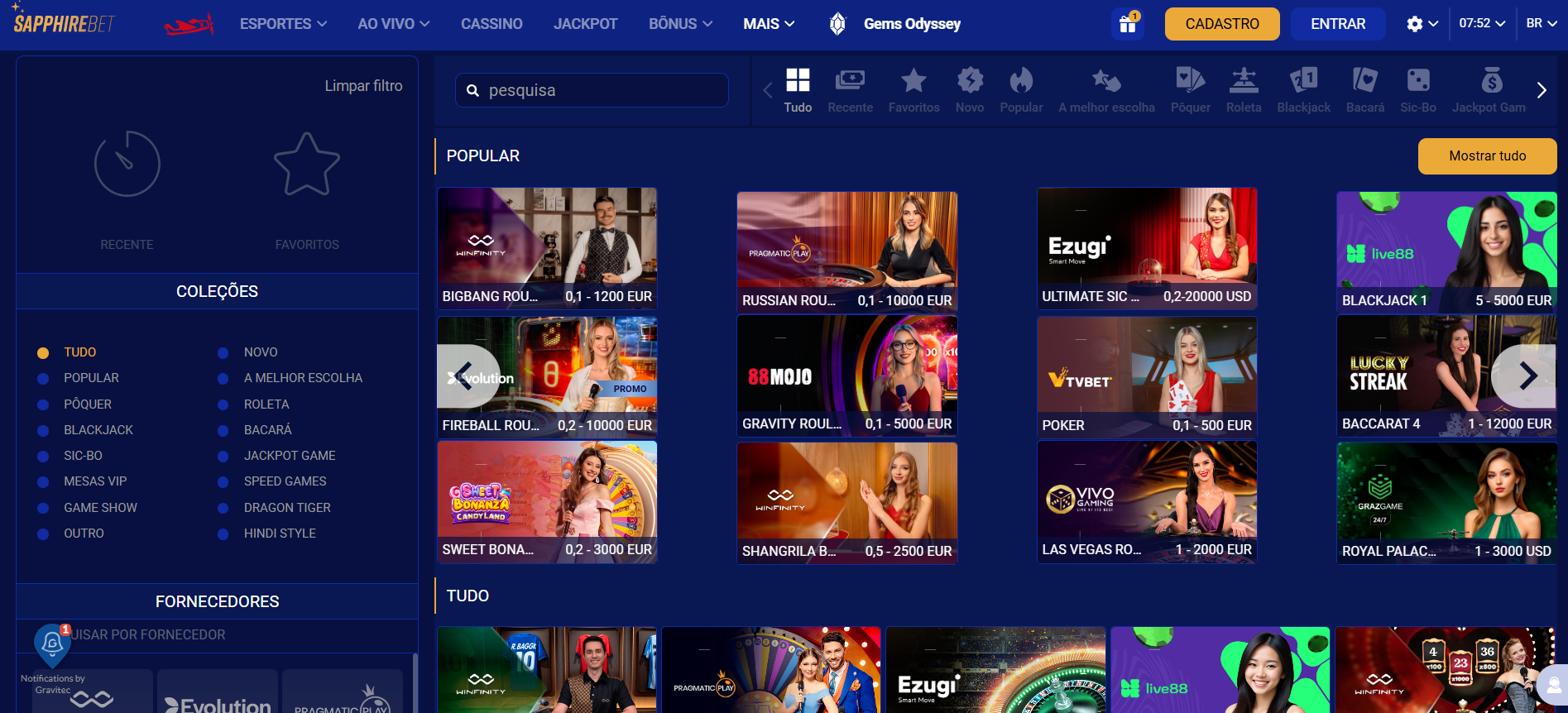 SapphireBet cassino ao vivo