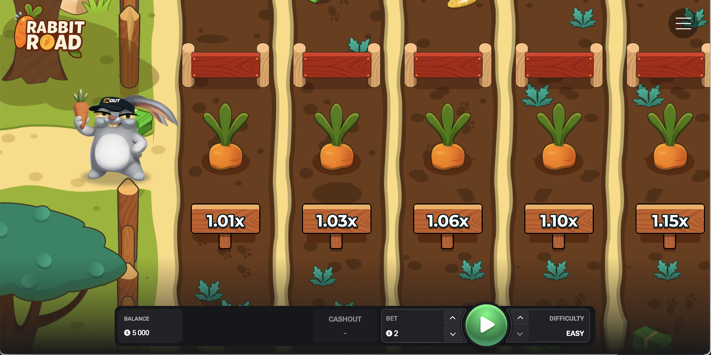 Rabbit Road game interface showcasing slots and table games