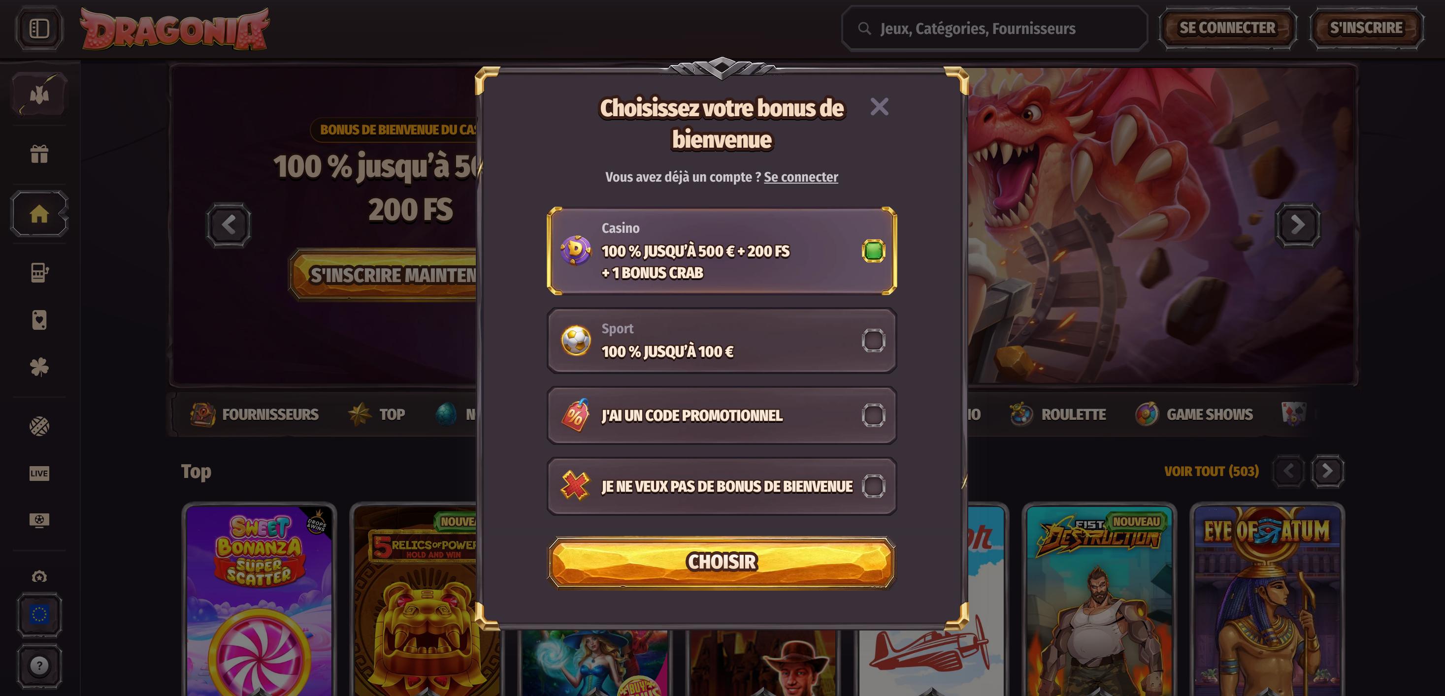 inscription casino dragonia