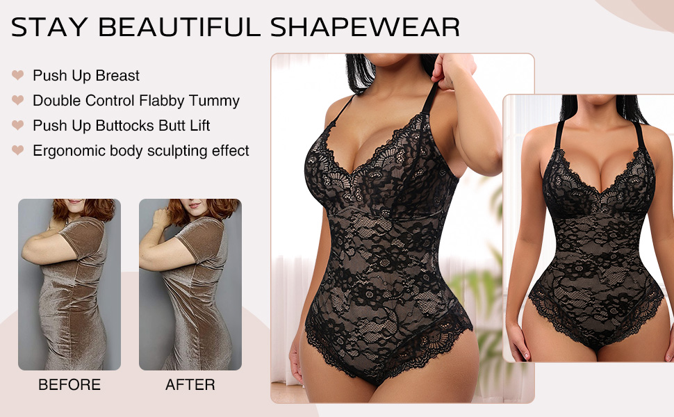 Lace Bodysuit For Women Tummy Control Shapewear V-neck Backless