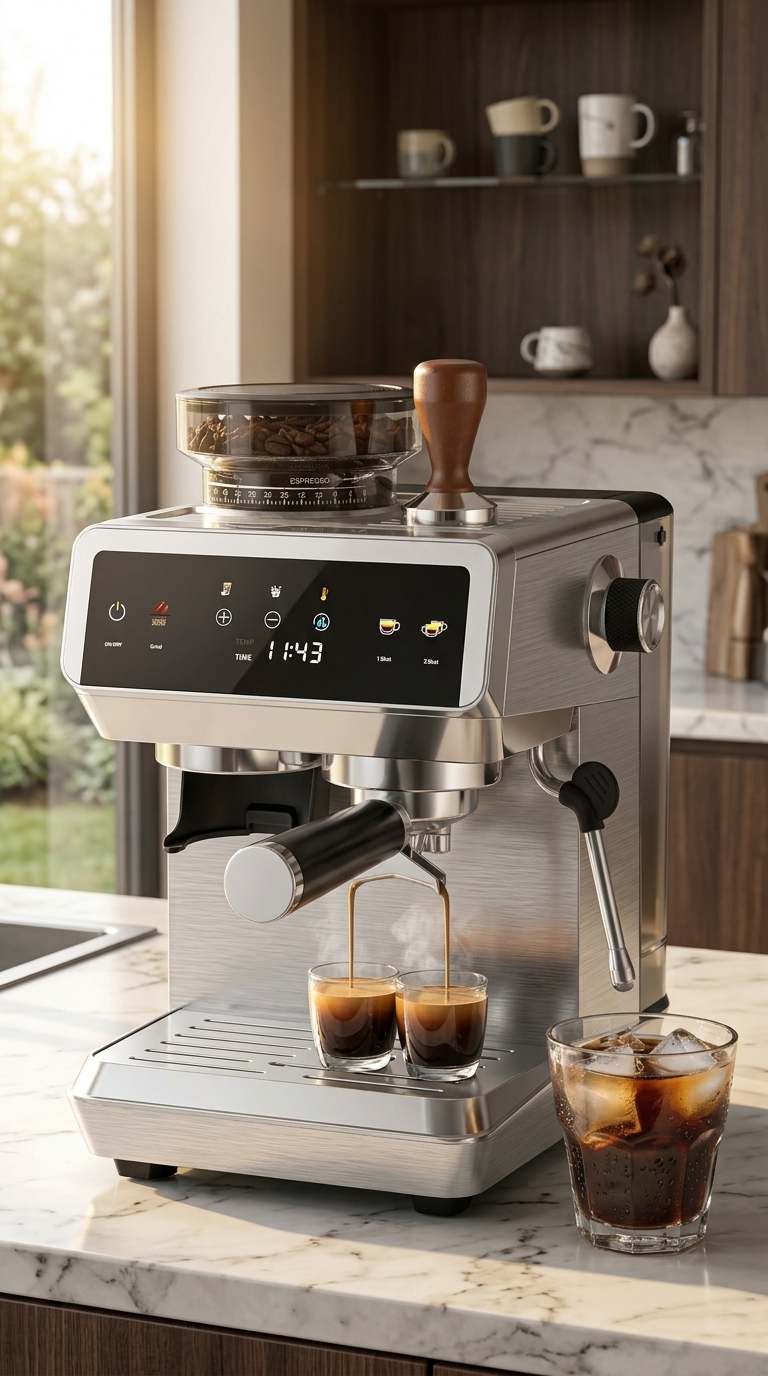 espresso machine product view — semi automatic home coffee maker with burr grinder