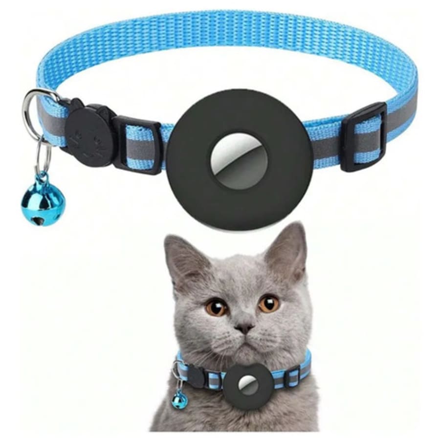 Collar Para Gato Con Porta Airtag Reflectivo Y Cascabel Turquesa Con Bandas Reflectantes Y Cascabel M
