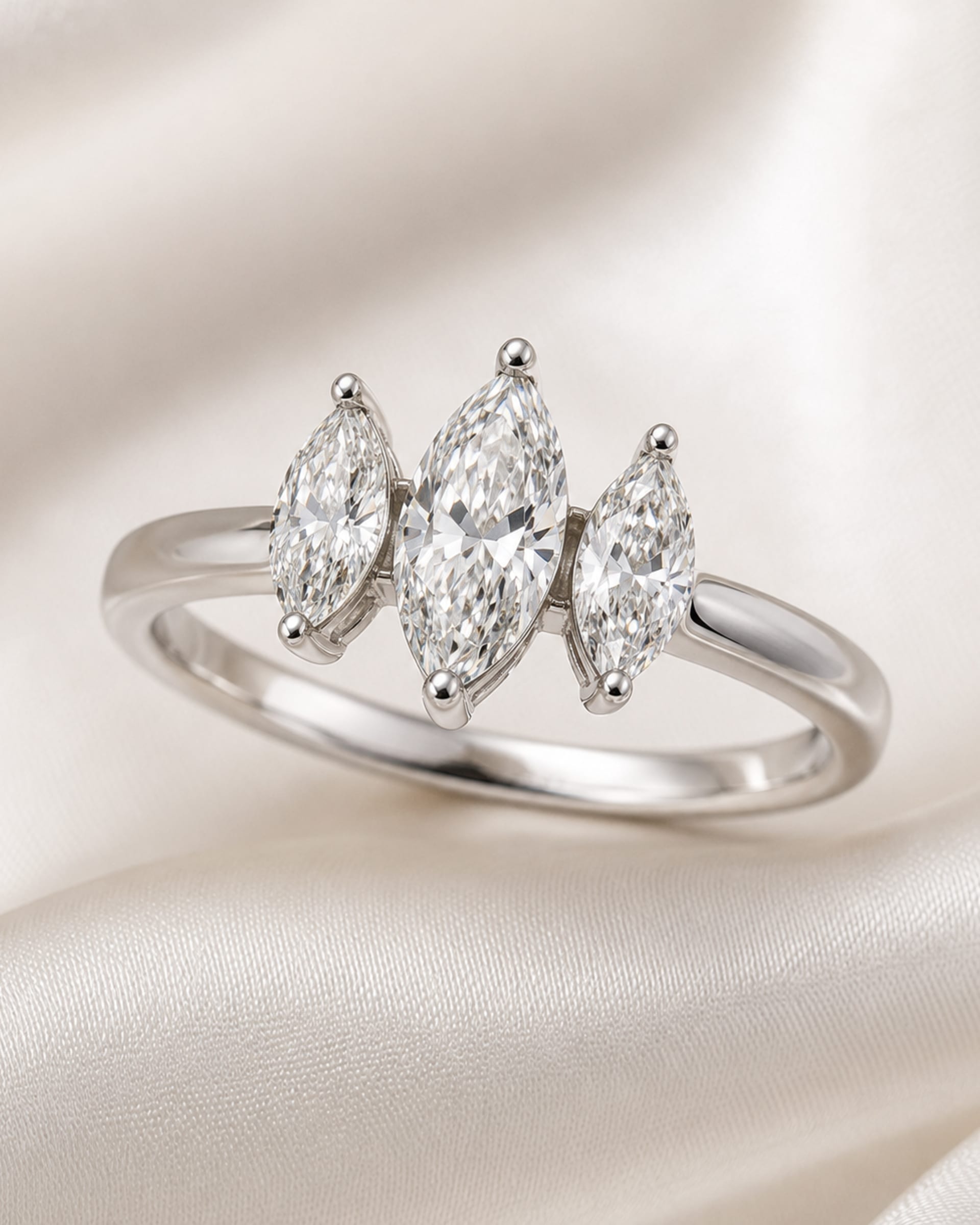 Marquise Diamond Three Stone Engagement Ring, view 2