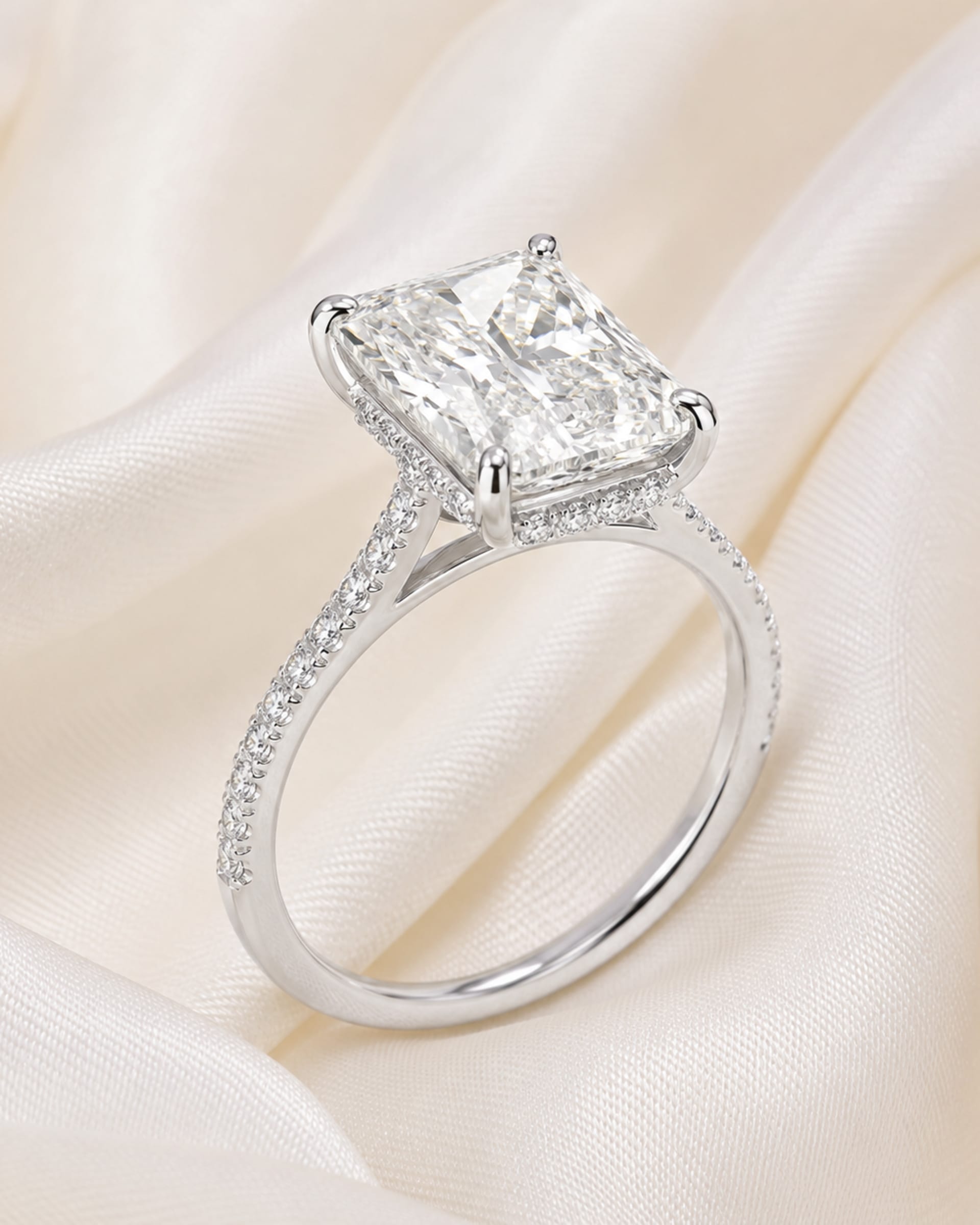 Radiant Diamond Pavé Hidden Halo Engagement Ring, view 4