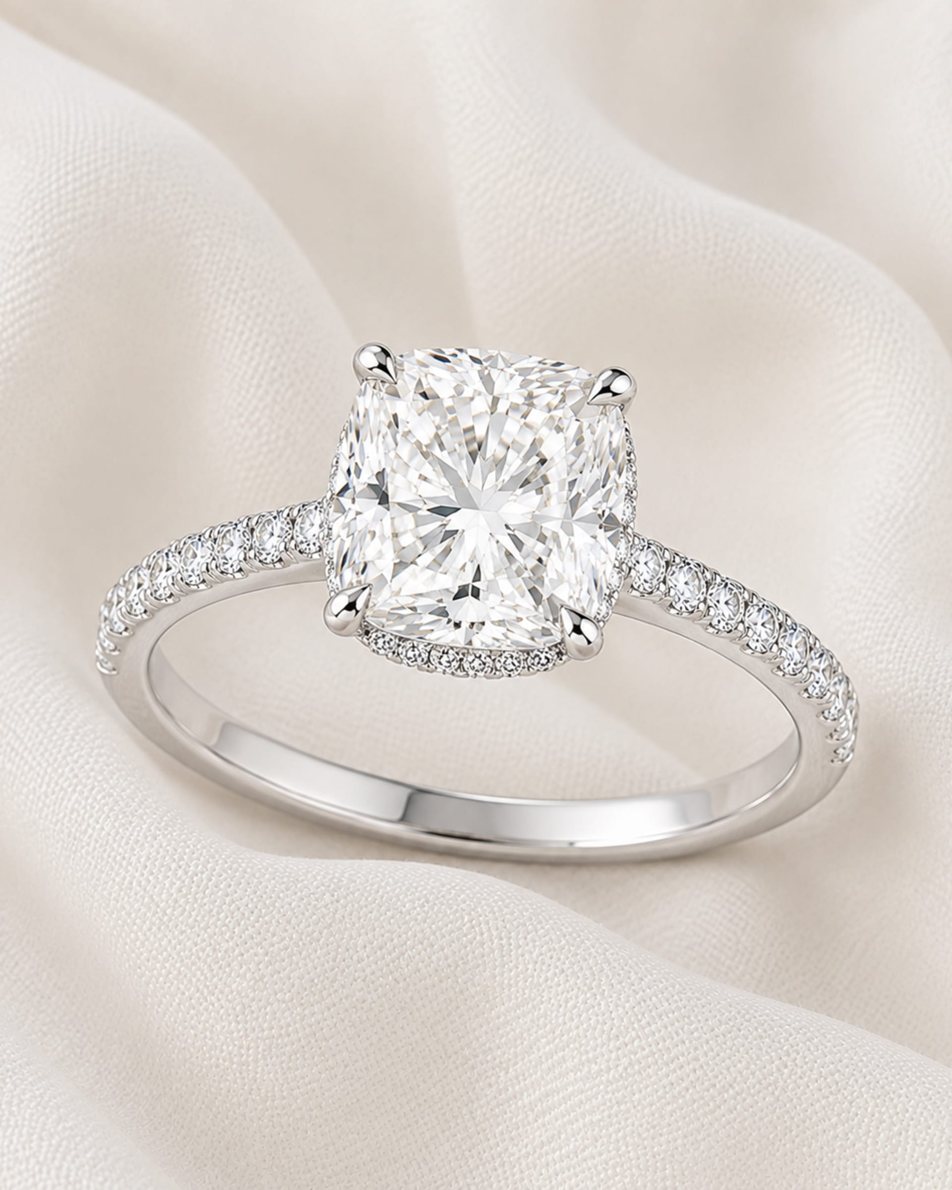 Cushion Diamond Pavé Hidden Halo Engagement Ring