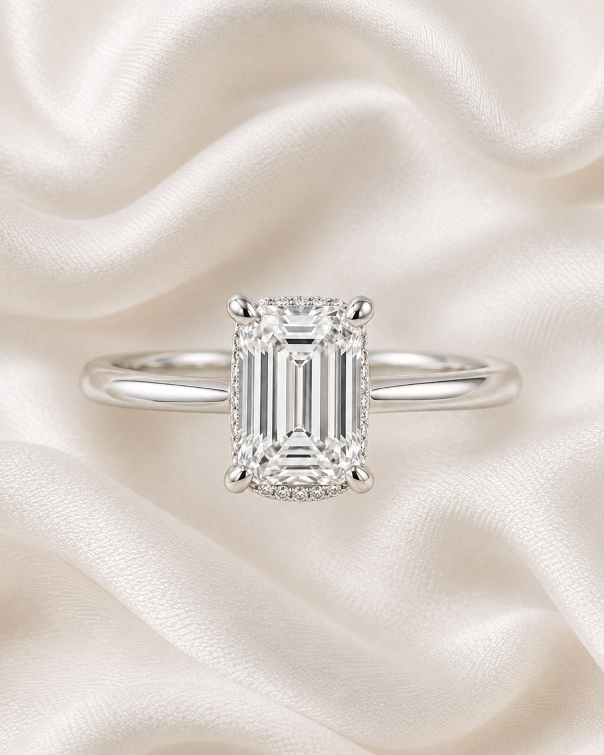 Emerald Diamond Hidden Halo Engagement Ring, view 4