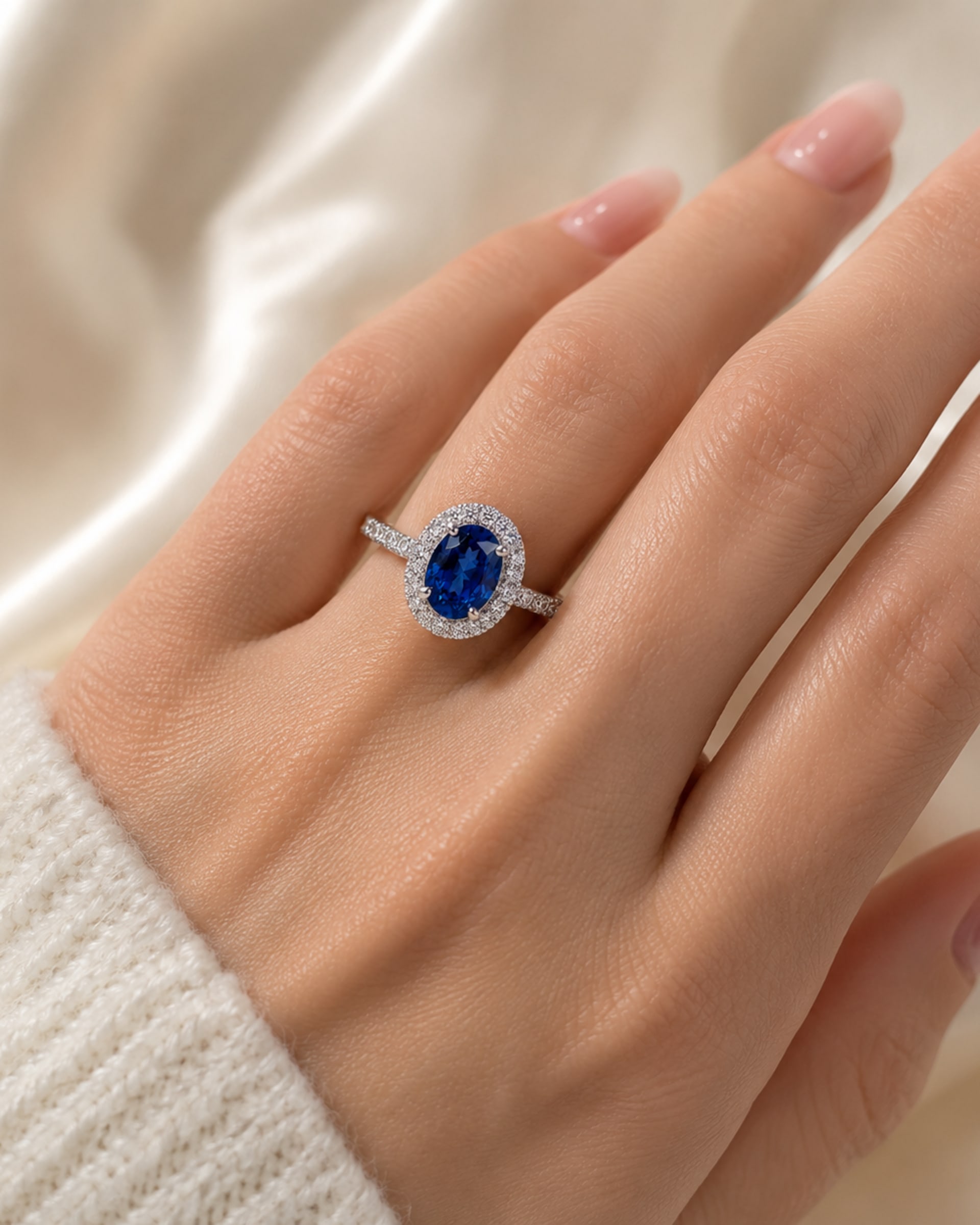 1 Carat Oval Blue Sapphire Diamond Halo Ring in 14K White Gold, view 2