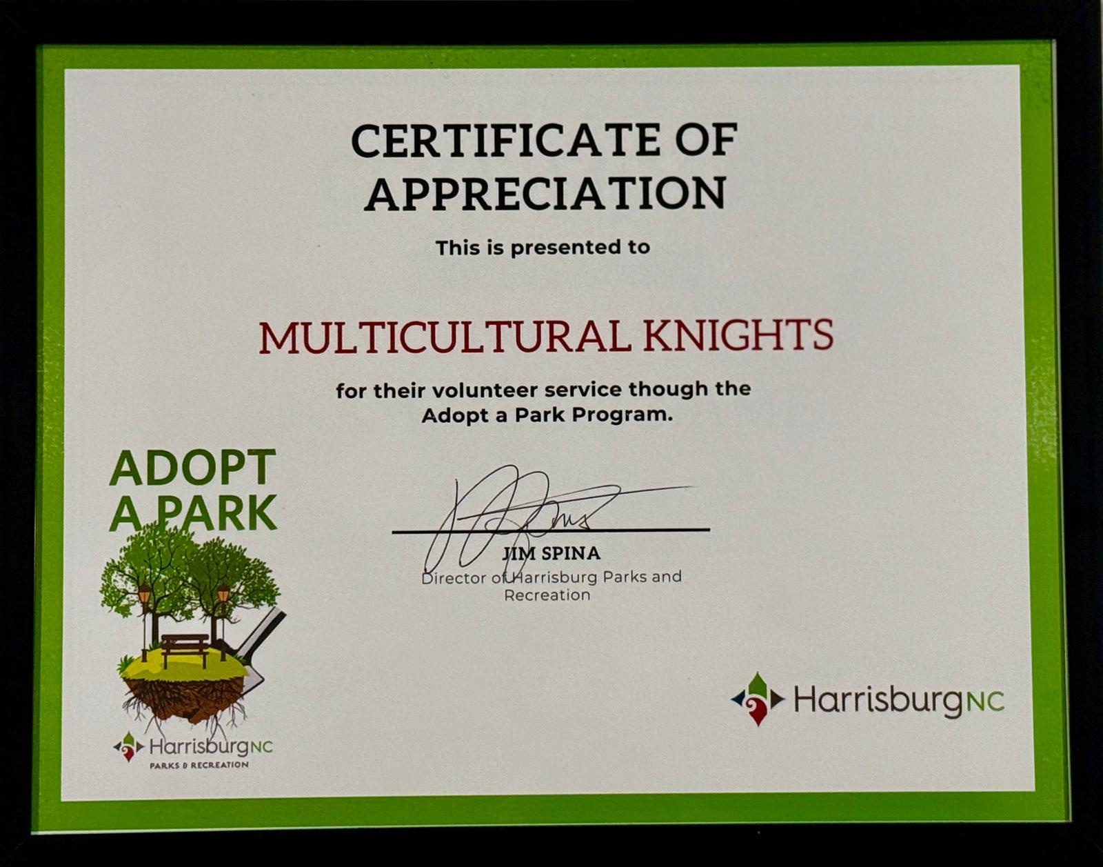 Multiculutral Knights Adopt-A-Park Recognition