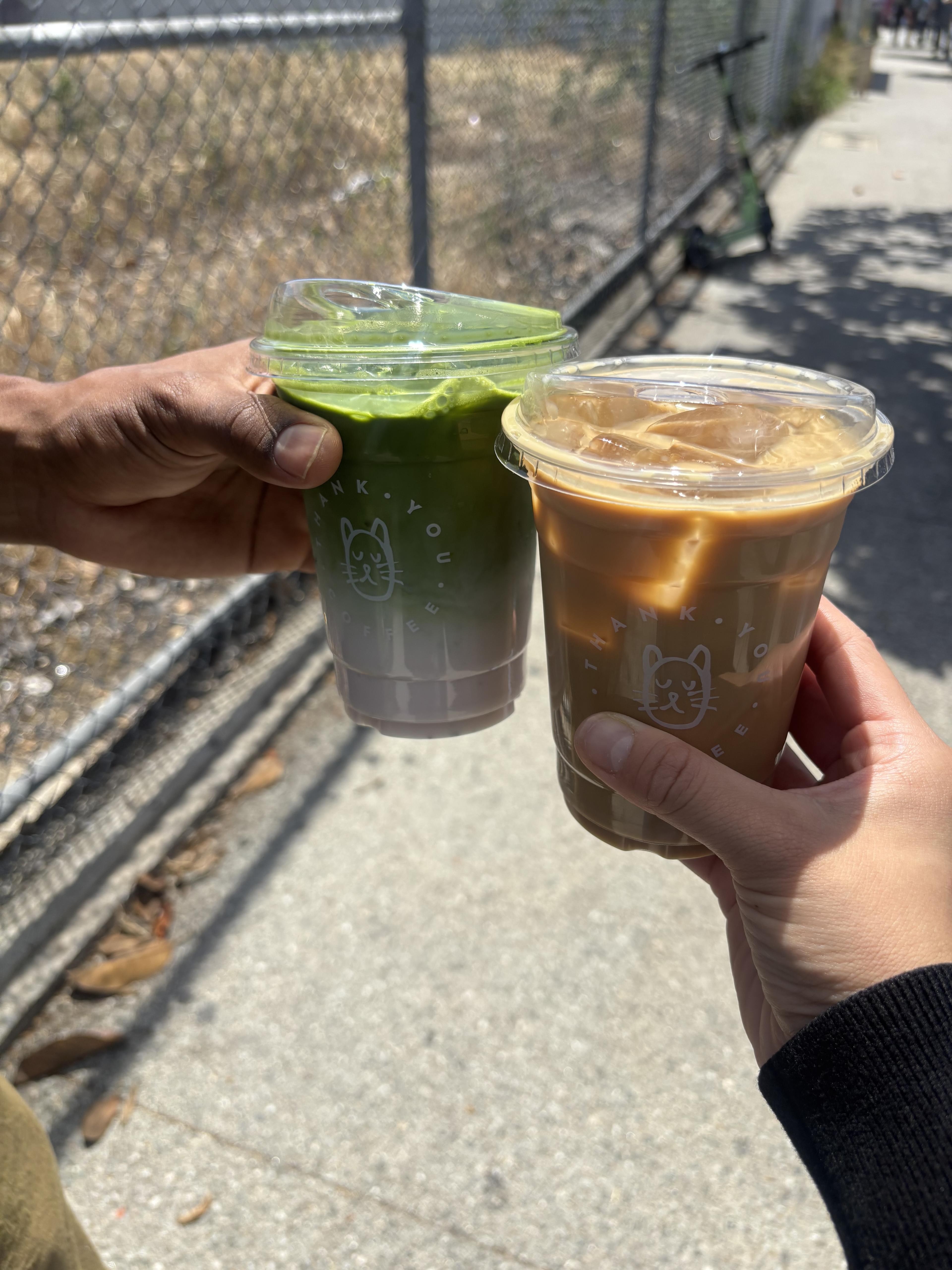 Boring Latte W/ Oat Milk & Strawberry Matcha Latte