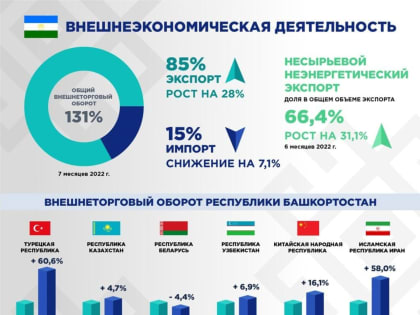 По итогам семи месяцев 2022 года общий внешнеторговый оборот Башкортостана вырос на 31%