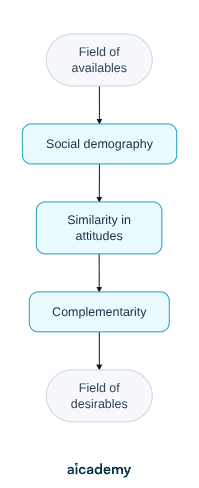 Flowchart of filter theory: the field of availables passes through social demography, then similarity in attitudes, then complementarity, leaving the much smaller field of desirables.