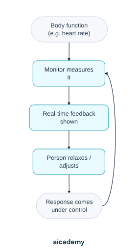 Flowchart of biofeedback: a body function such as heart rate is measured by a monitor, real-time feedback is shown, the person relaxes and adjusts, and the response comes under control, with the monitor measuring again in a loop.