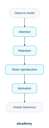 Flowchart of Bandura's four mediational processes: observing a model leads to attention, then retention, then motor reproduction, then motivation, and only then to imitating the behaviour.