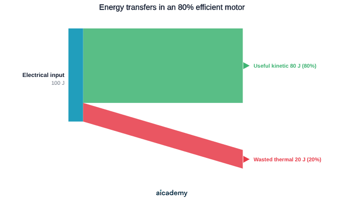 An input arrow of 100 joules of electrical energy splits into a wide branch of 80 joules transferred usefully to the kinetic store and a narrow branch of 20 joules wasted as thermal energy.