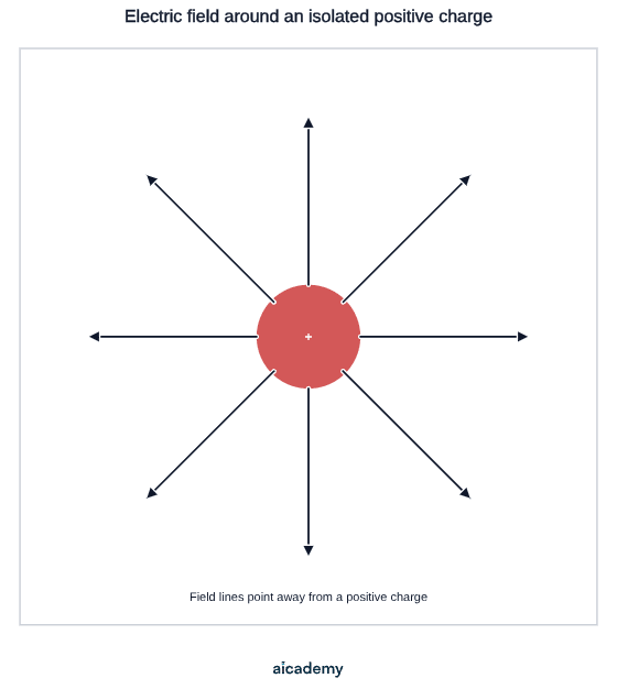 A small red sphere marked plus at the centre with eight straight field lines spreading radially outwards in all directions, showing that field lines point away from a positive charge.
