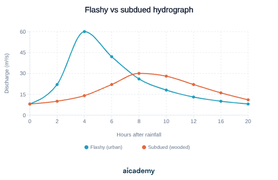 Line graph of discharge against hours after rainfall for two catchments: the flashy urban line climbs steeply to a peak of about 60 cumecs at 4 hours then falls away, while the subdued wooded line rises gently to a lower peak of about 30 cumecs at 8 hours, showing a longer lag time.
