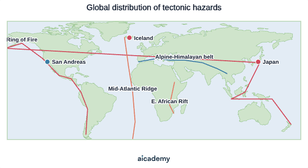 World map tracing tectonic hazard belts along plate margins: the Ring of Fire encircling the Pacific from South America to Alaska and down through Japan, the Mid-Atlantic Ridge running past Iceland, the Alpine-Himalayan belt from southern Europe to Southeast Asia, and the East African Rift.