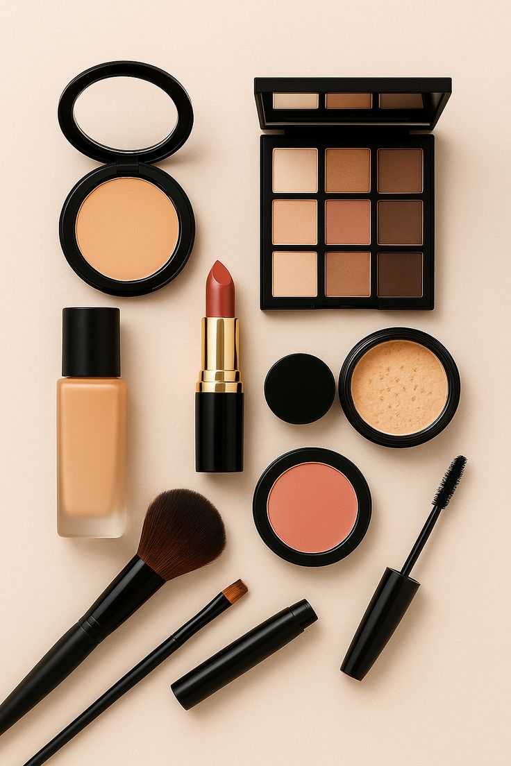 Modern makeup essentials arranged on a vanity
