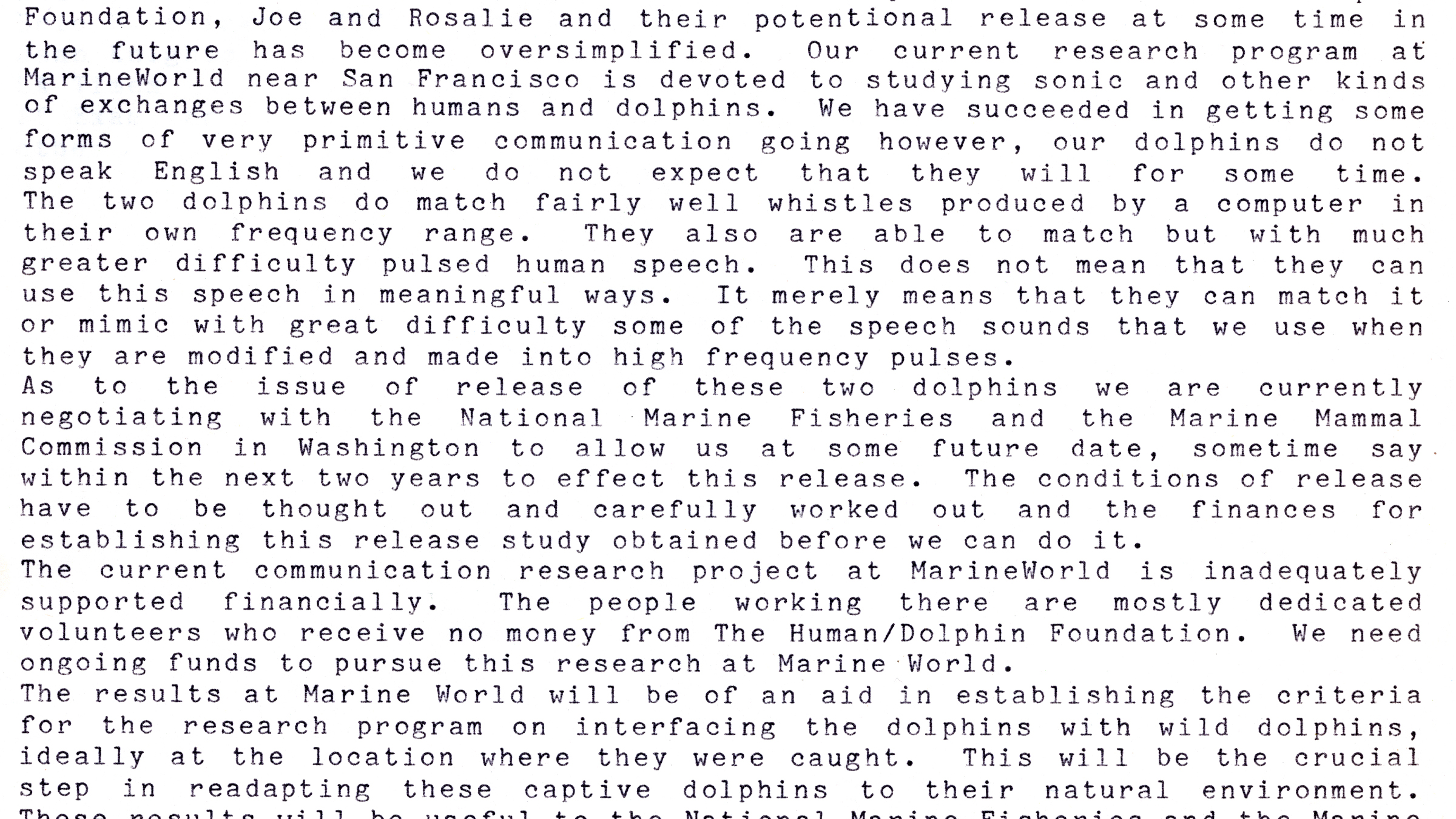 Human/Dolphin Foundation Press Release