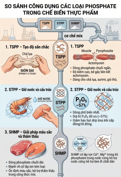 So sánh công dụng các loại Phosphate (TSPP, STPP, SHMP): Bí quyết tối ưu cấu trúc thực phẩm