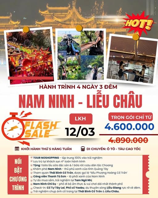 Thanh lý 5 suất cuối tour Nam Ninh – Thái Bình Cổ Trấn – Liễu Châu 4N3Đ giá tốt