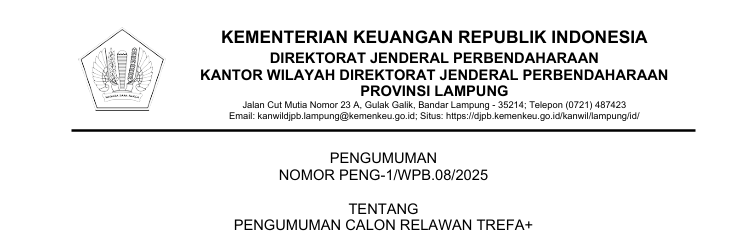 Pengumuman Calon Relawan Trefa+ Kanwil DJPb Provinsi Lampung Tahun 2025