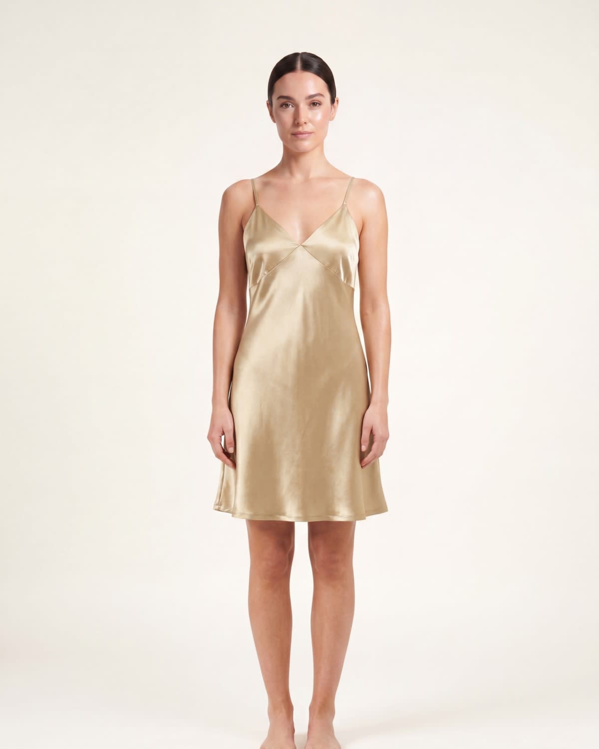 Silk Slip Dress in Pare Champagne — hero view, bias-cut mulberry silk by SILKILINEN Donegal