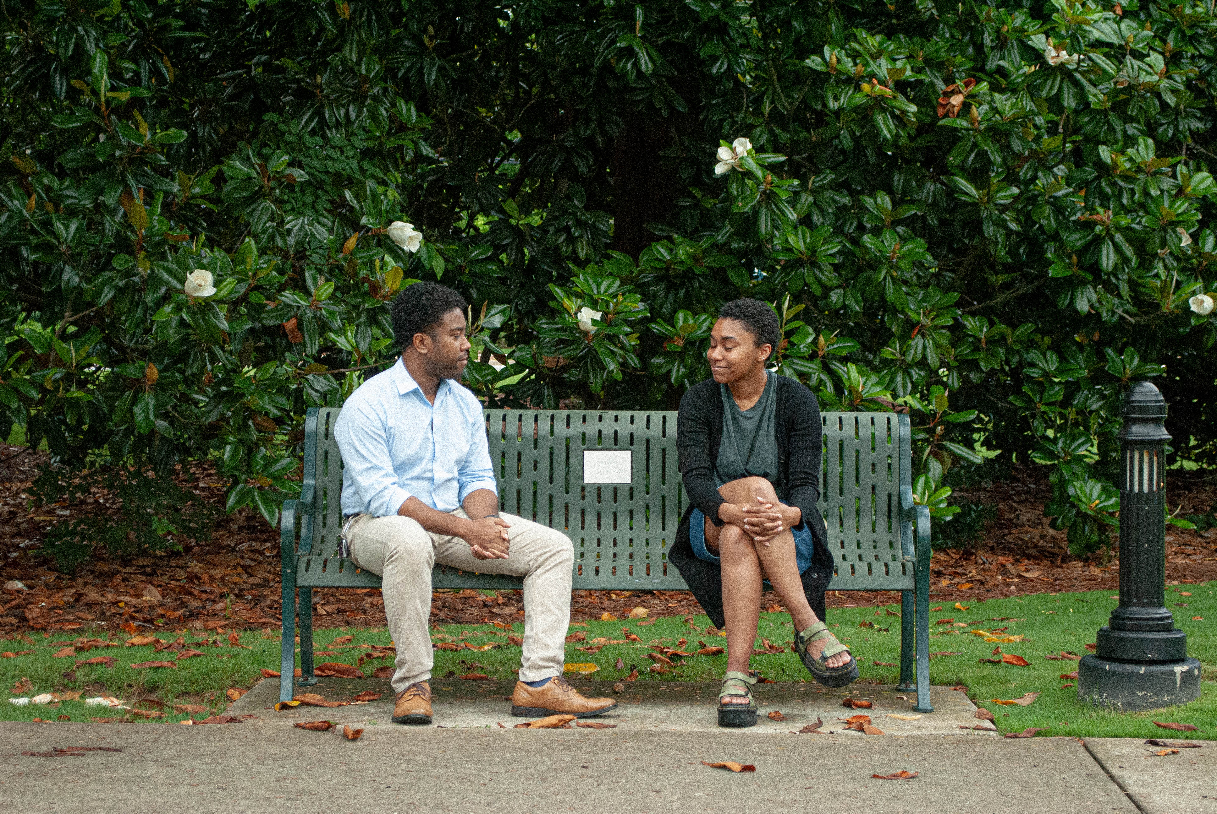 Evan and Natalie on the bench — wide