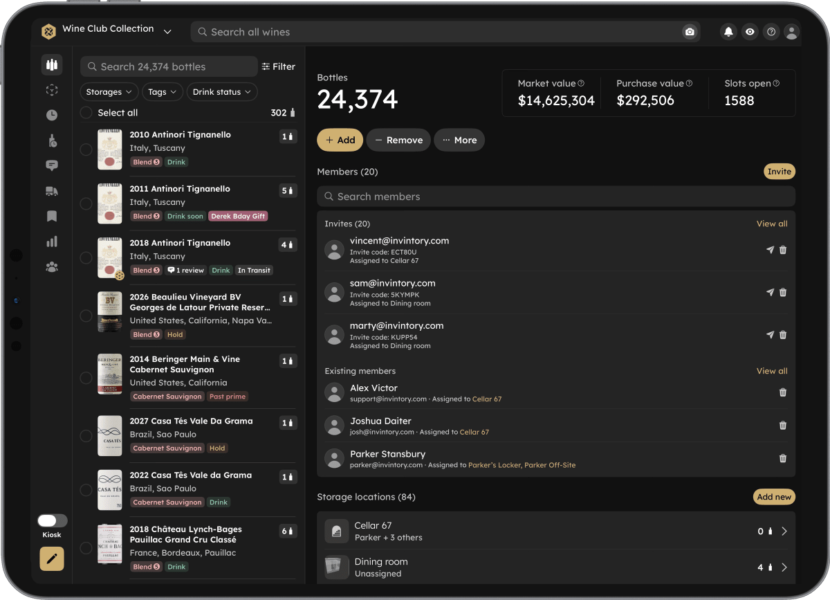 InVintory collection dashboard on iPad showing bottles, members, and storage locations.