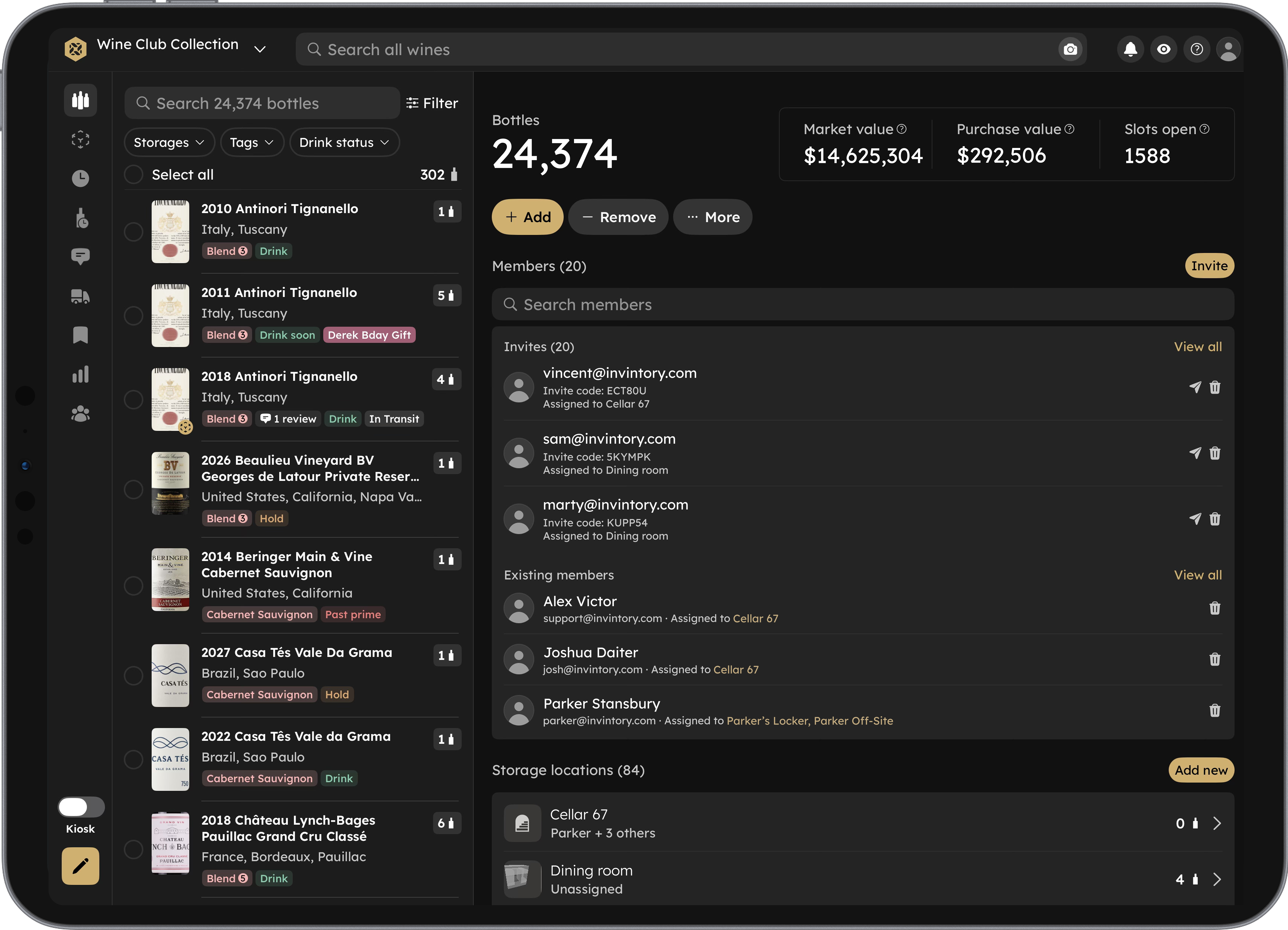 InVintory wine club dashboard on iPad