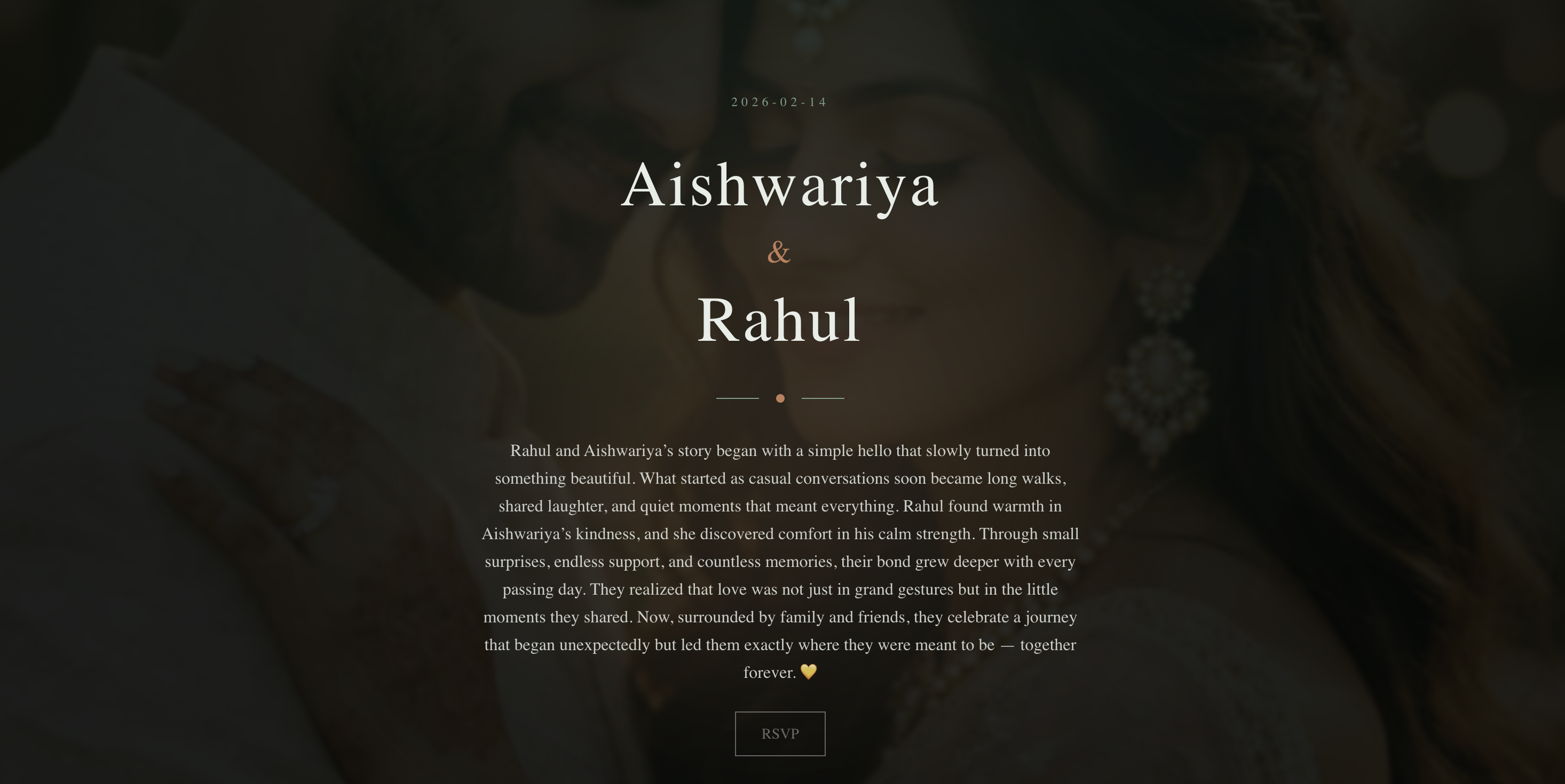 Aishwarya and Dhanush wedding website preview — Midnight Garden