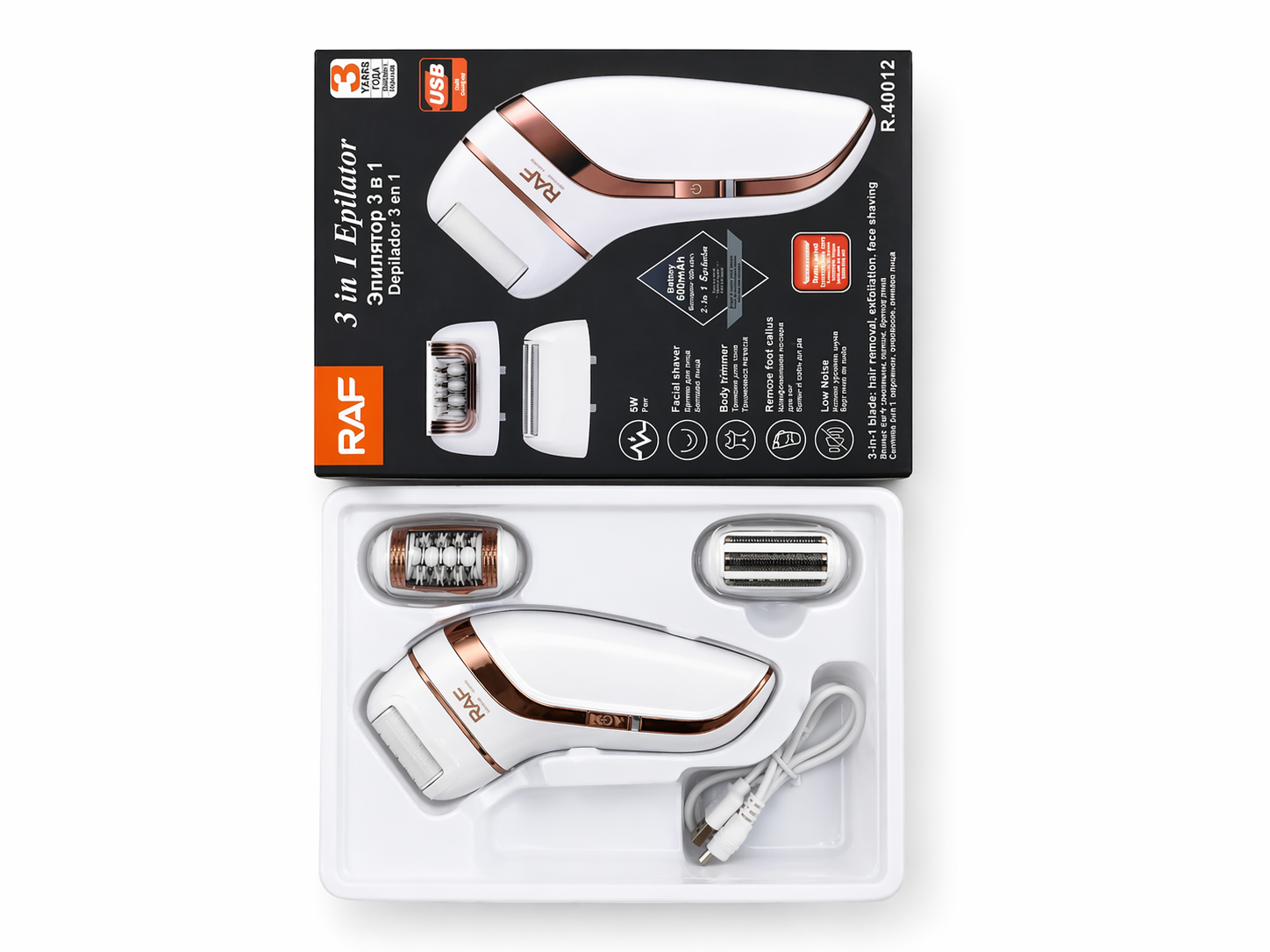 RAF 3-in-1 Epilator – Rechargeable Hair Removal, Shaver & Callus Remover-(R-40012)