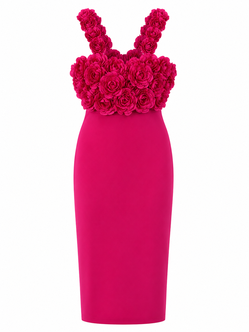 Floral Applique Square Neck Midi Dress 588