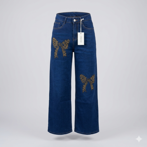 JY12092 Rhinestone Bow Wide Leg High Waist Denim Jeans