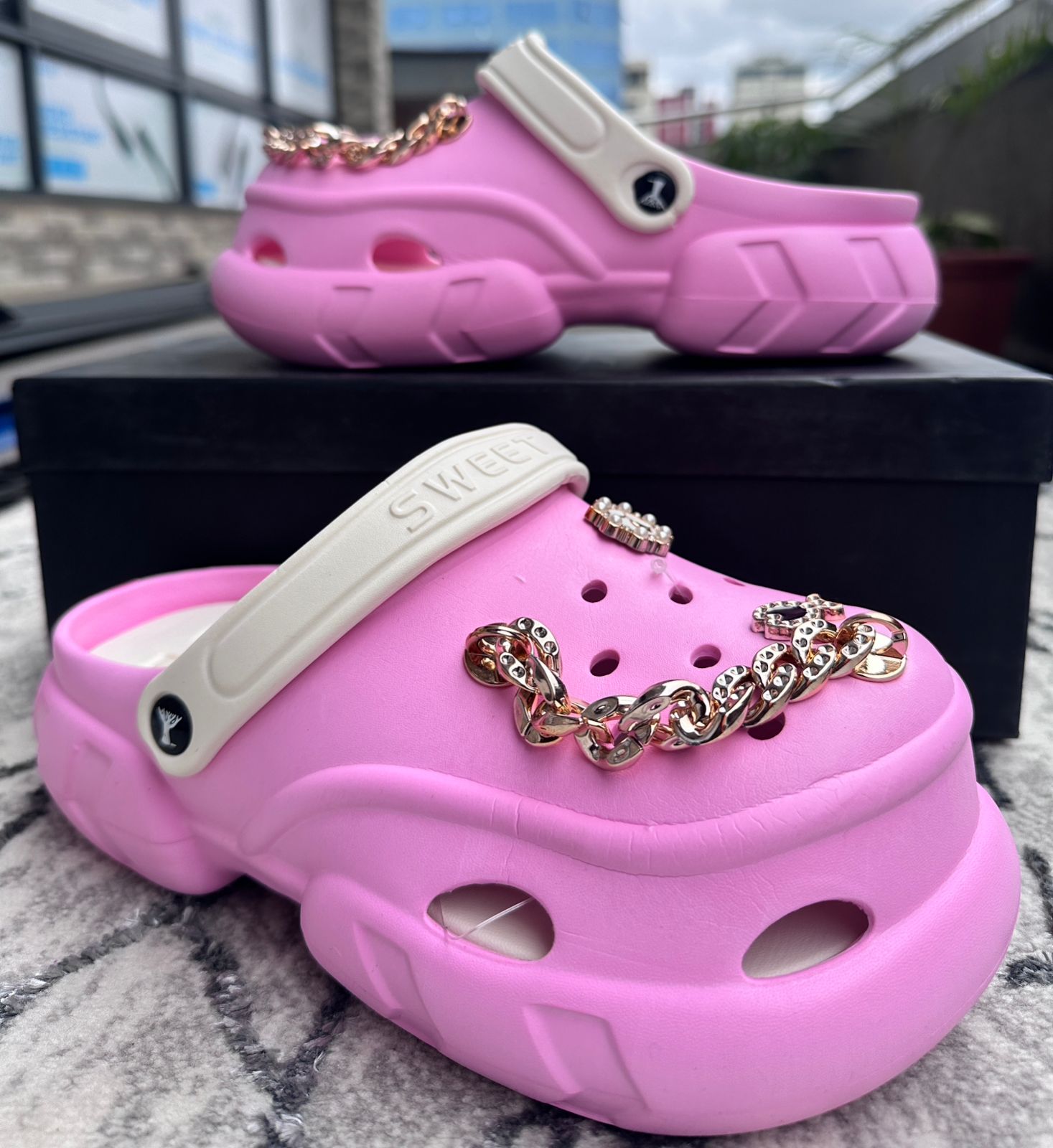 Bubble Pink Gold Chain Platform Ladies Crocs