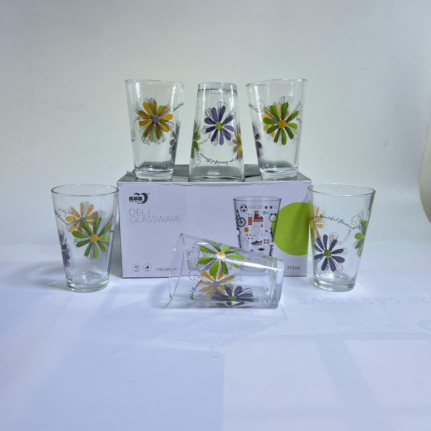 Deli Floral Printed Glass Tumbler Set 315ML – Decorative Drinkware (Y5076E)