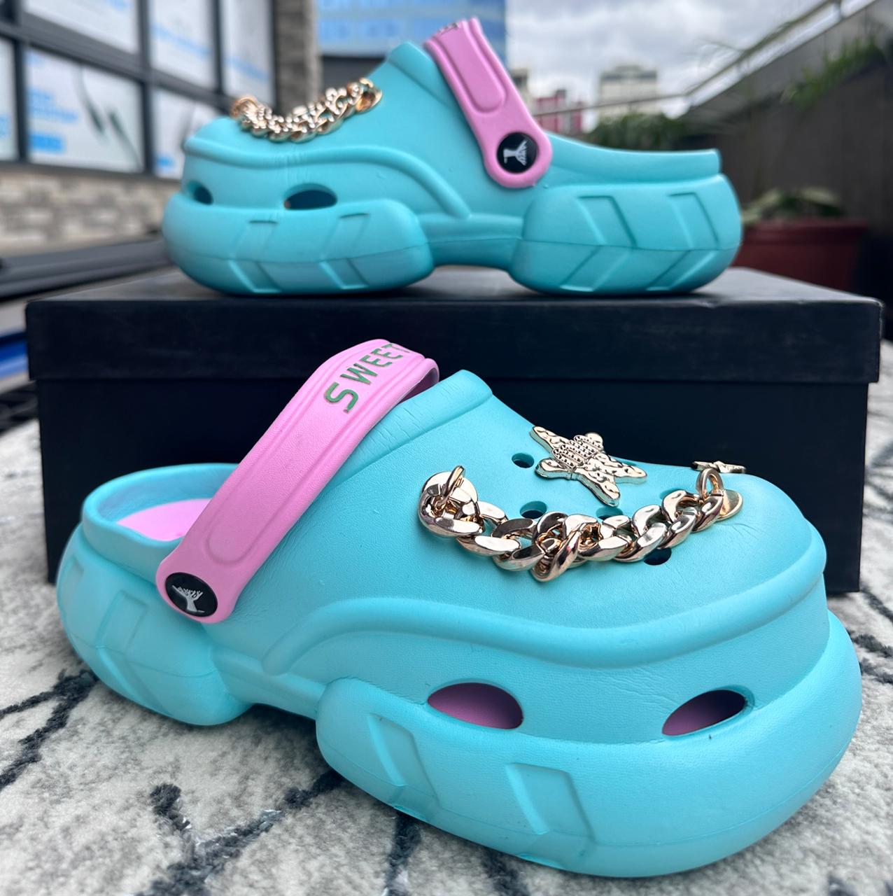 Sky Blue Gold Chain Platform Ladies Crocs