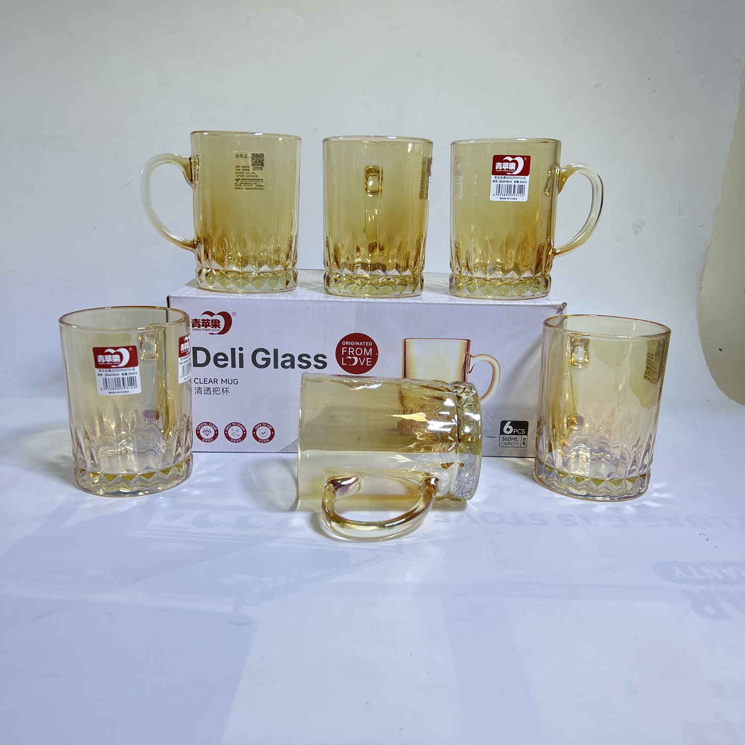 Deli Glass Amber Vintage Embossed Mug Six-Piece Set 360ml (ZB441BHA)