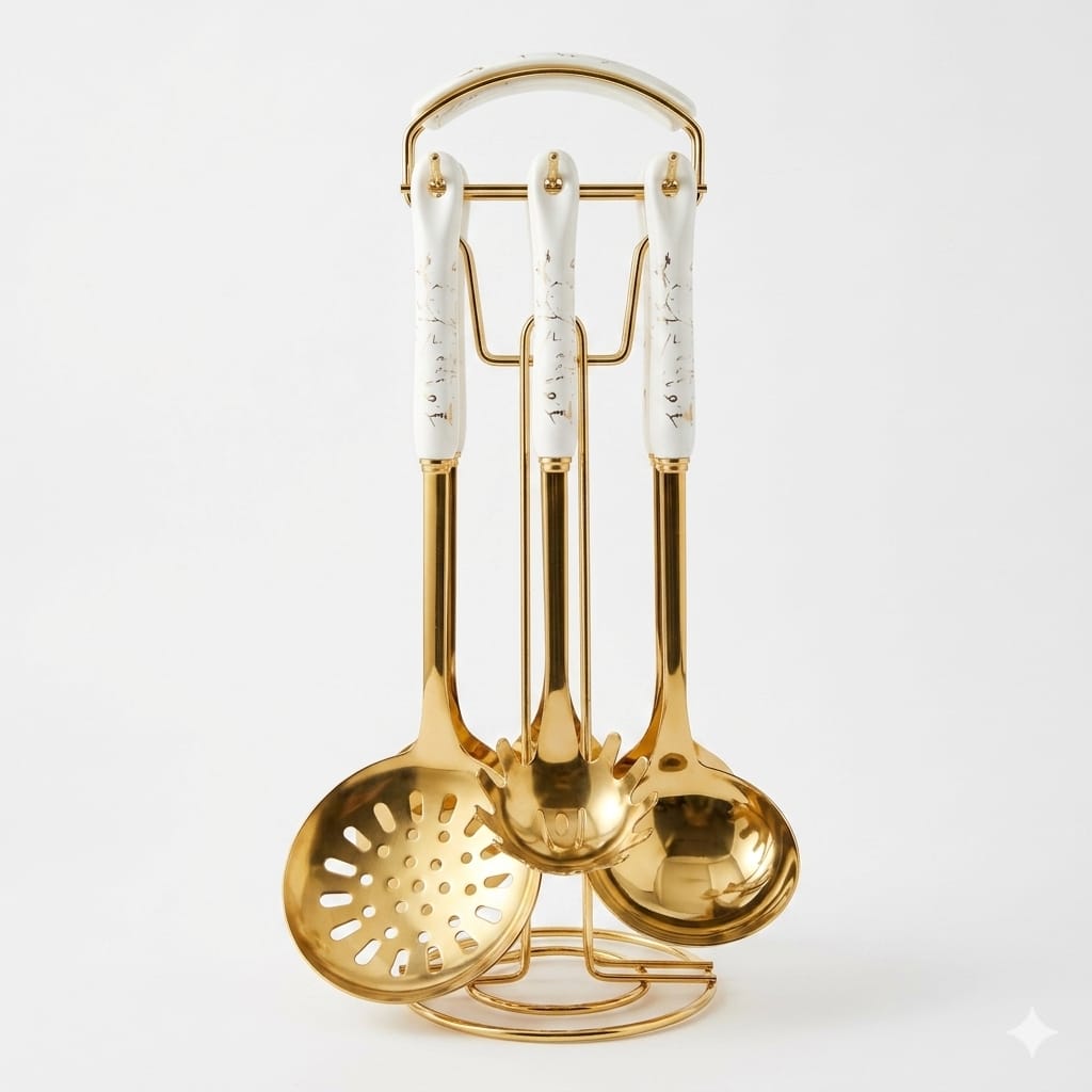 Luxury Marble & Gold Kitchen Utensil Set – 7 Pieces with Rotating Stand (TCCJ-C)