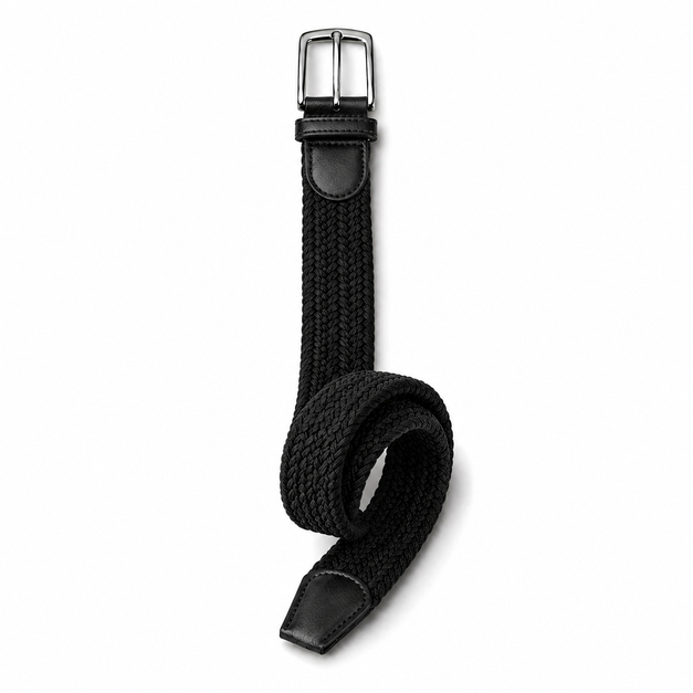Woven Elastic Belt (Leather Trim & Silver Buckle)