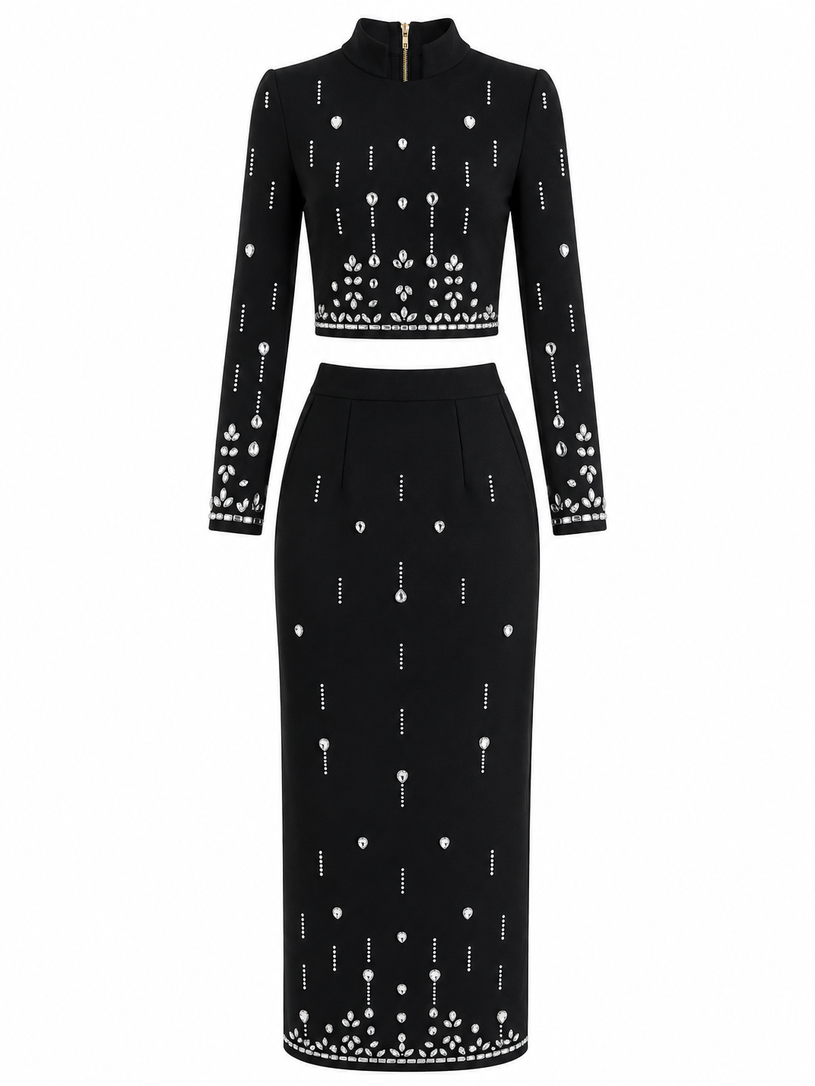 Ella Limited Edition Crystal and Bead Embellished Crop Top and Midi Skirt Set 620
