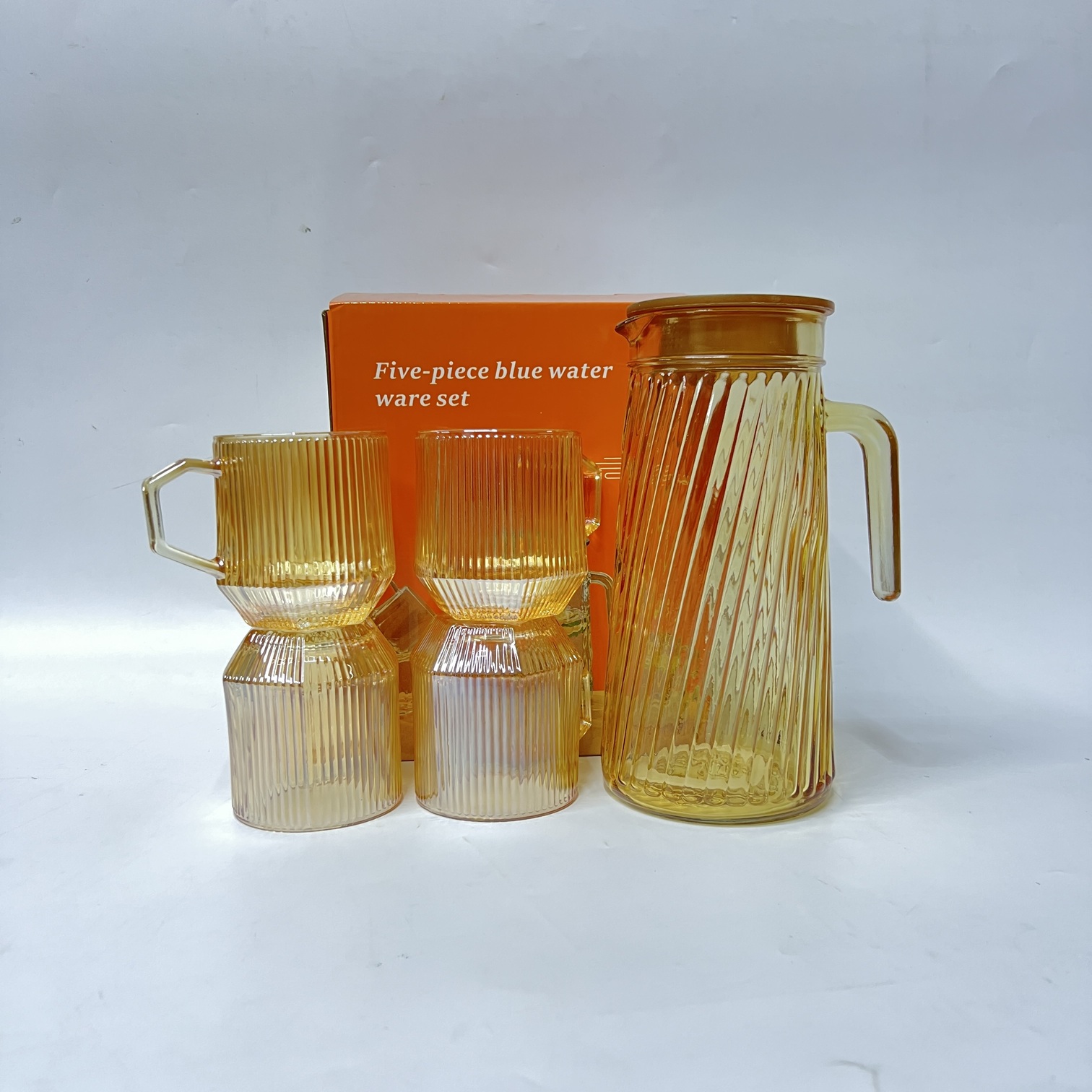 5-Piece Water Ware Set (H3002-5H) – Elegant Amber Ribbed Glass Set