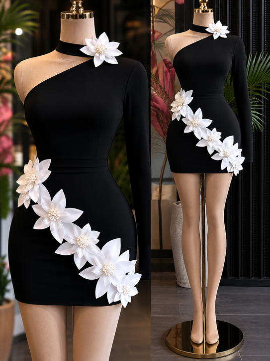 672 One-Shoulder Mini Dress with White Floral Appliqués