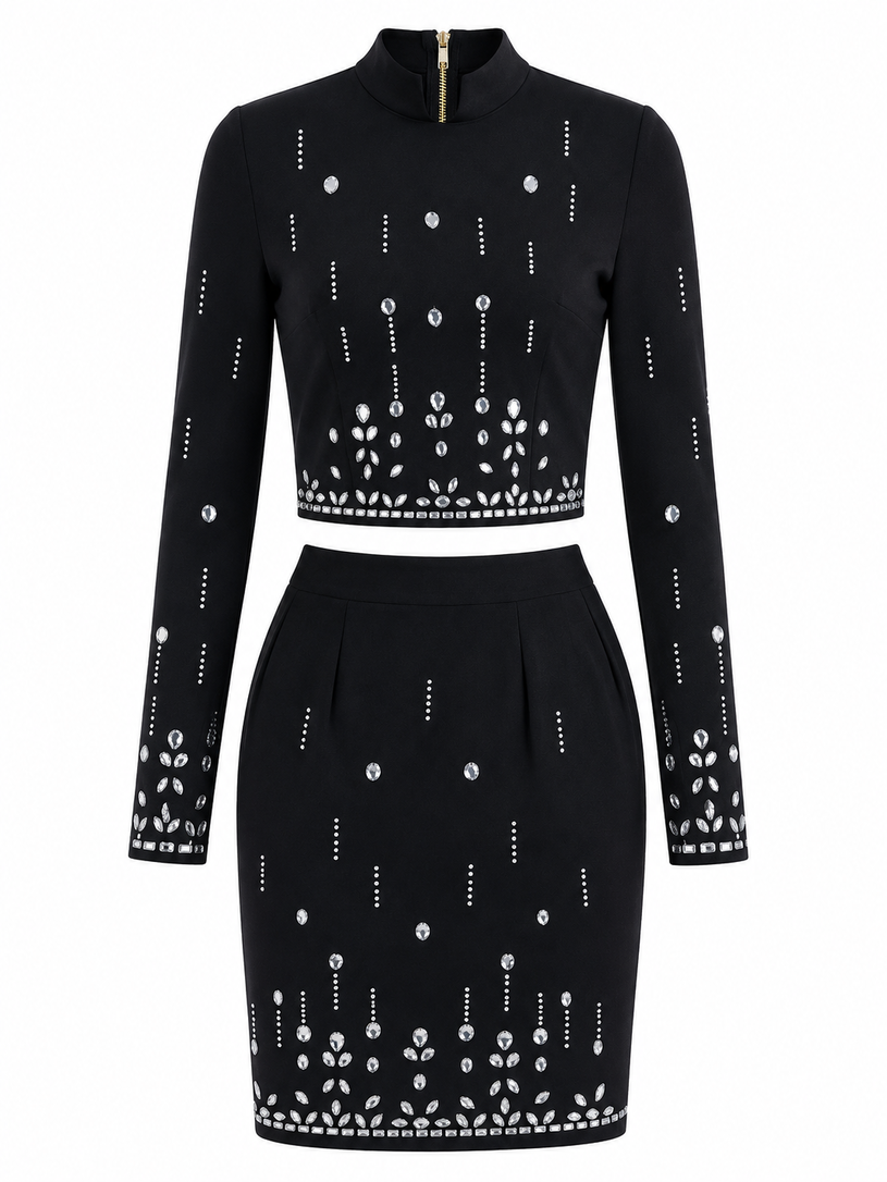 BCBG 626 Crystal & Bead Detail Long Sleeve Top & Miniskirt Set