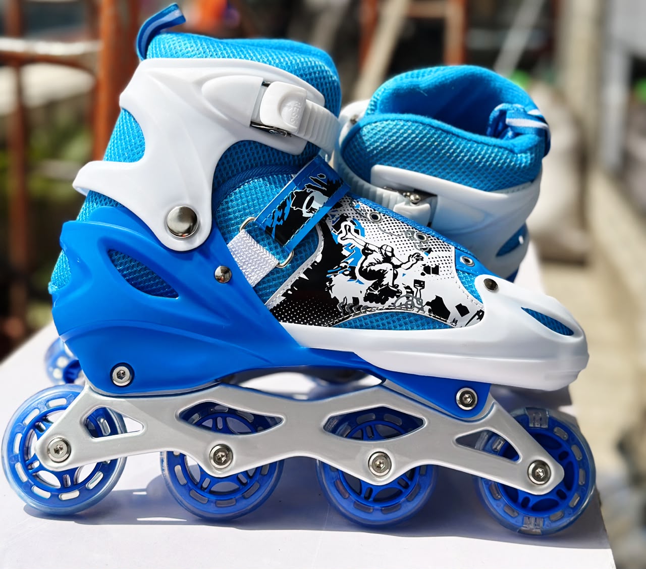 Adjustable Inline Roller Skates – Blue & White