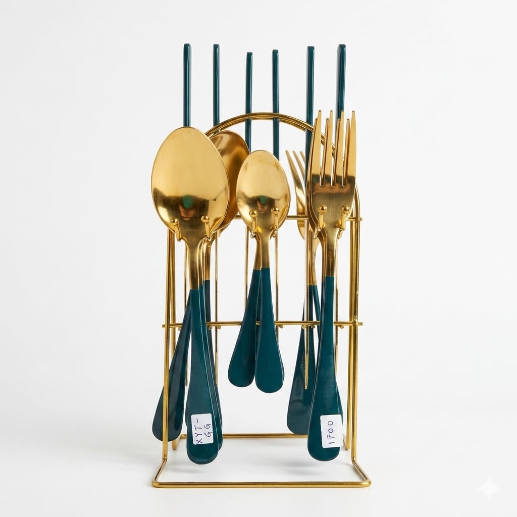 XYT-GG Luxury Gold & Emerald Green Cutlery Set – 24 Pieces with Storage Stand