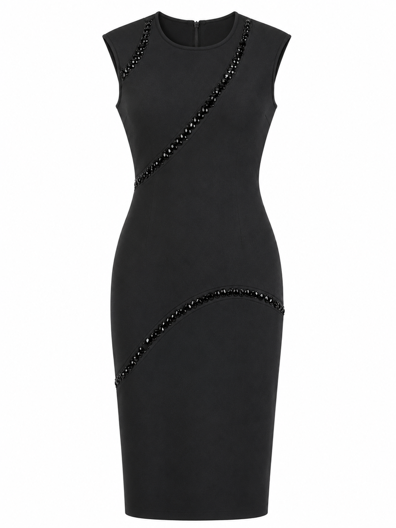Crystal-Embellished Asymmetrical Midi Dress 641