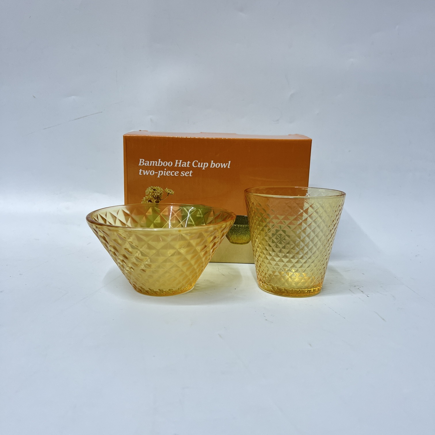 Bamboo Hat Glass Cup & Bowl 2-Piece Set (H2221-2H) – Textured Amber Glassware